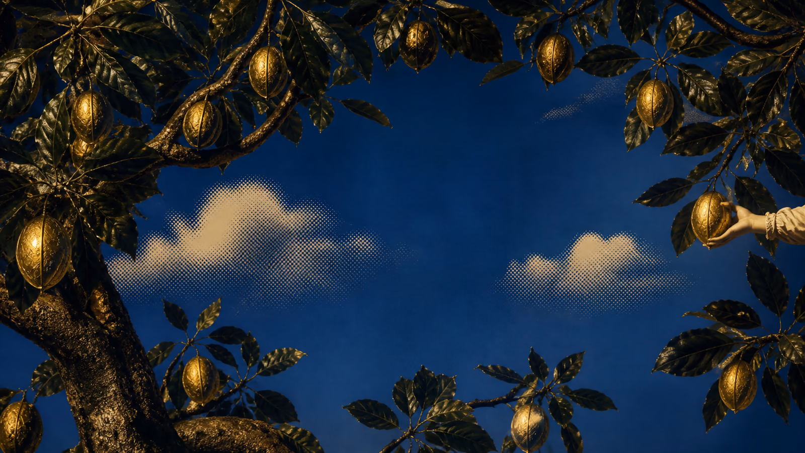 A dark blue tree frames an open sky with ornamental golden seed pods.