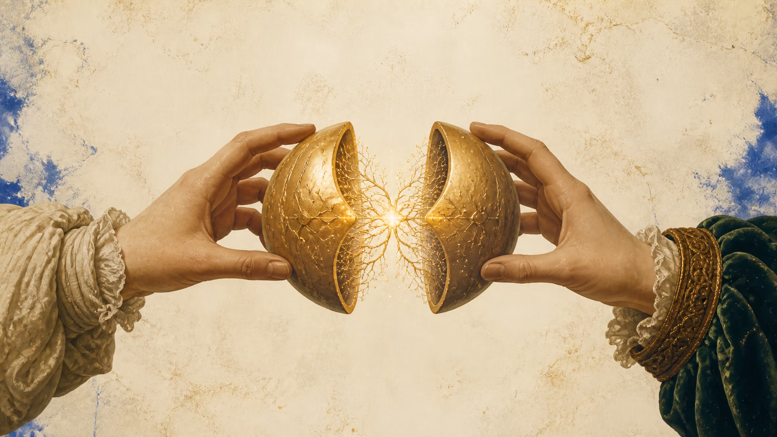 Two hands hold a split golden sphere with branching light between them.