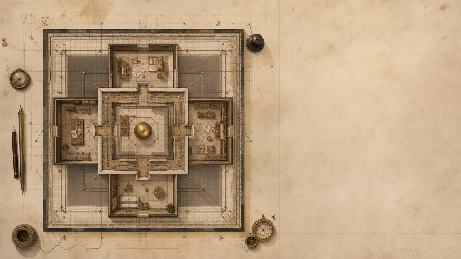 A top-down architectural plan of a connected home and studio on aged paper.