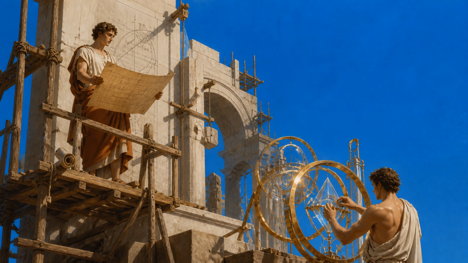 Classical builders study plans beside a golden armillary instrument under a clear blue sky.